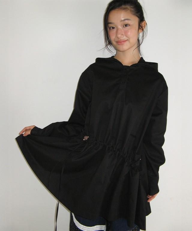 RONRON Ruched Hooded String Dress Black