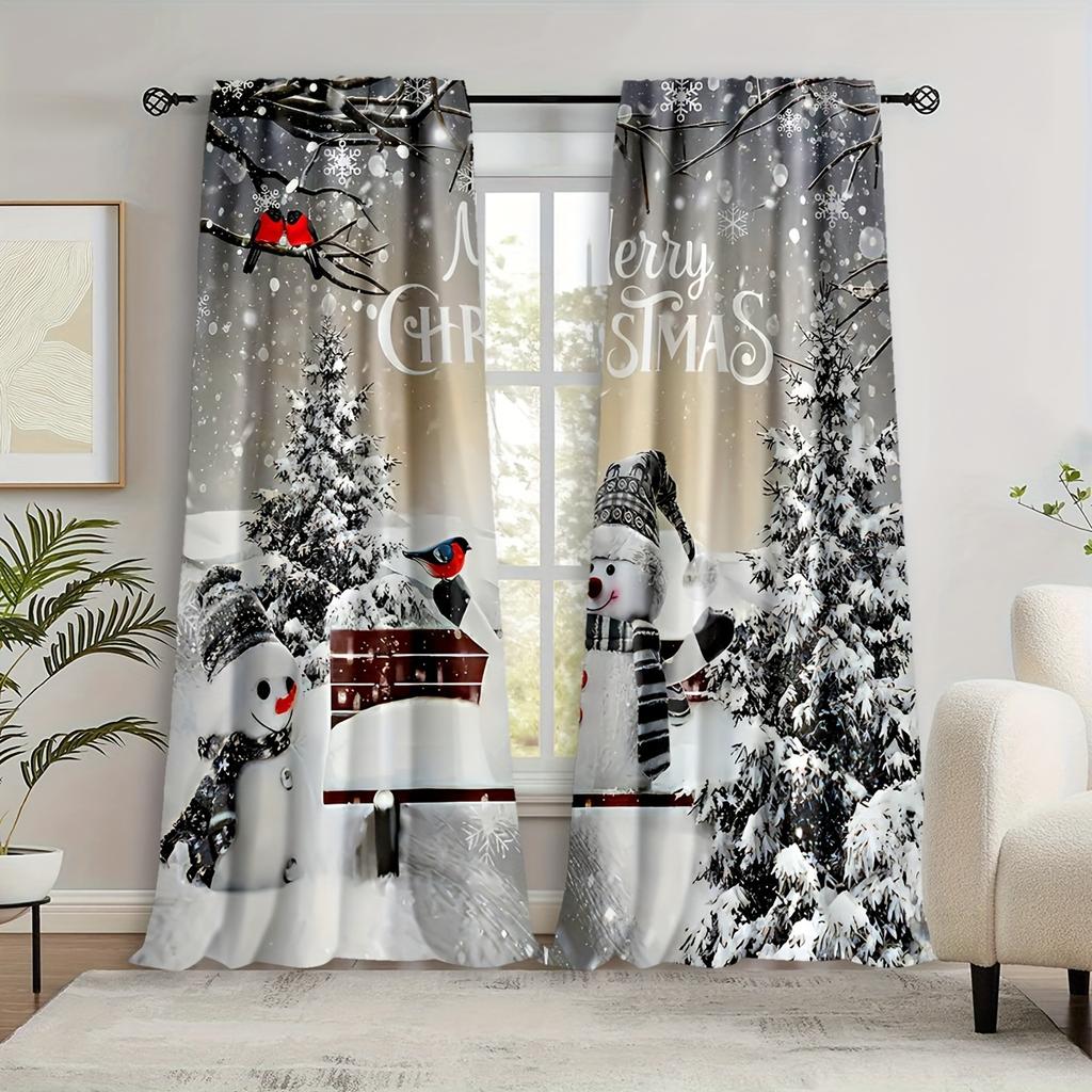 Christmas Snowman Curtains Trees Birds Polyester Fabric Perfect Living Room Decoration Curtain Machine Washable For Great