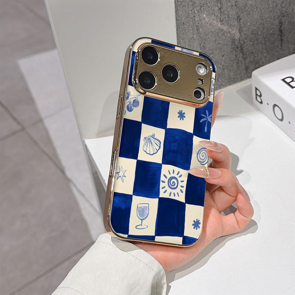 Lucky Start Phone Case For iPhone 17 16 15 14 13 12 11 Pro Max 16E Gold Electroplated Glass Shell Blue Checkers Cover