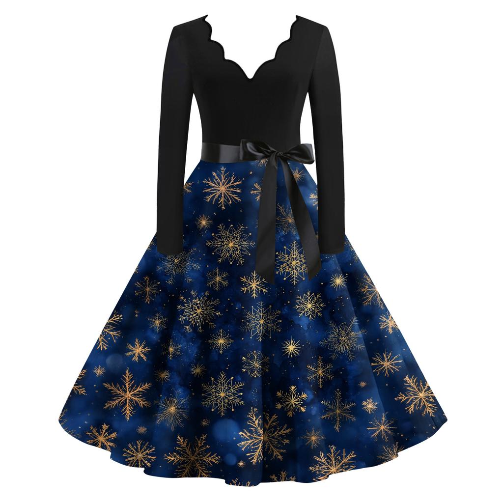 Damen Lässig Und Modisch V-Ausschnitt Langärmlig Weihnachten Bedrucktes Kleid