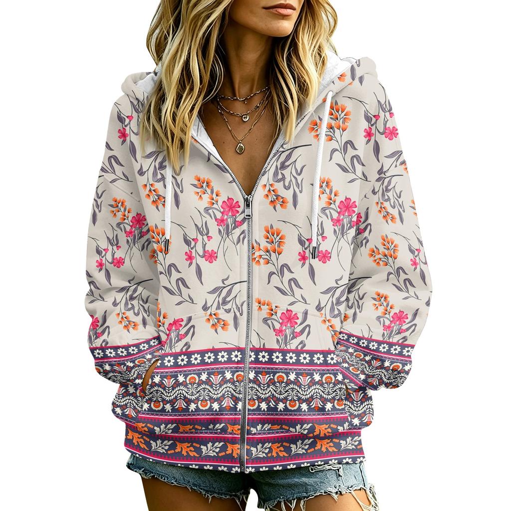 Women's Casual Floral Print Long Sleeve Hooded Jacket with Pockets and