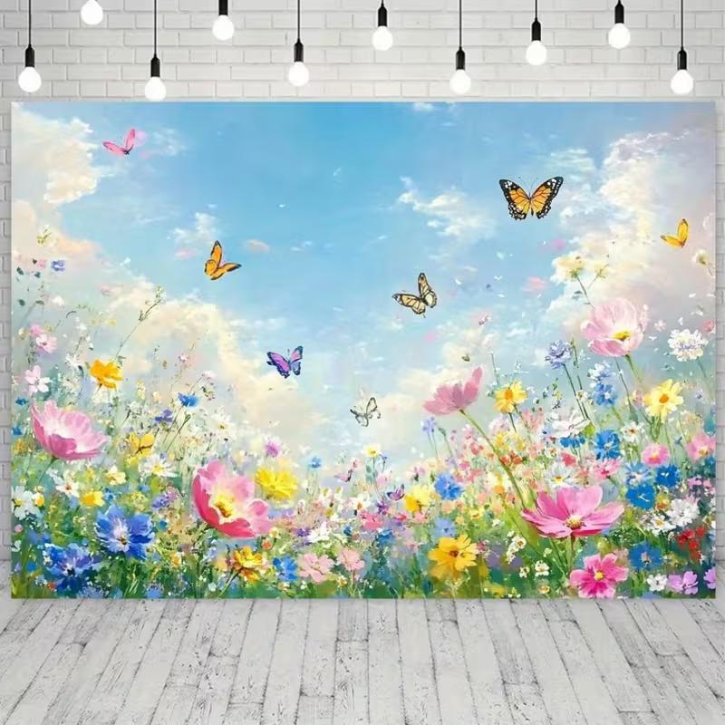 2D Watercolor Wildflower Photography Backdrop Butterfly Blue Sky Background