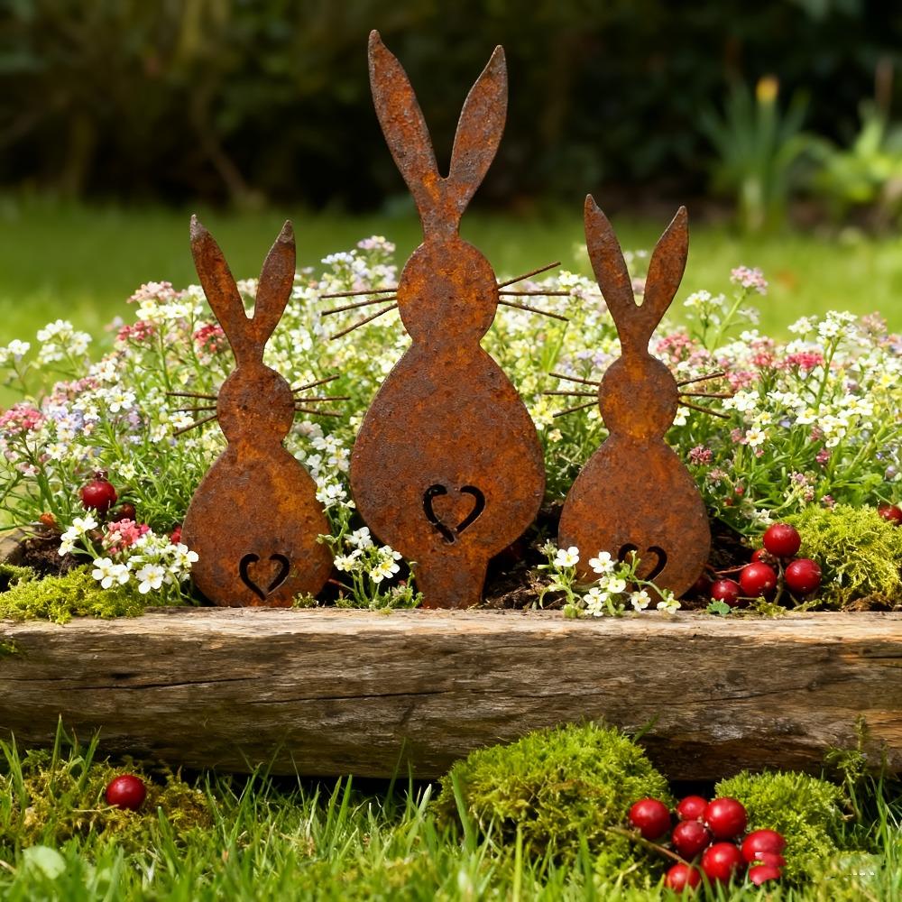 3 Stück Metall-Gartenstecker Ostern, Rostige 2D-Flachbodenstecker, Einfach einzustecken, Feiertagsdekoration für Hof & Blumenbeet, Gartendekorationen