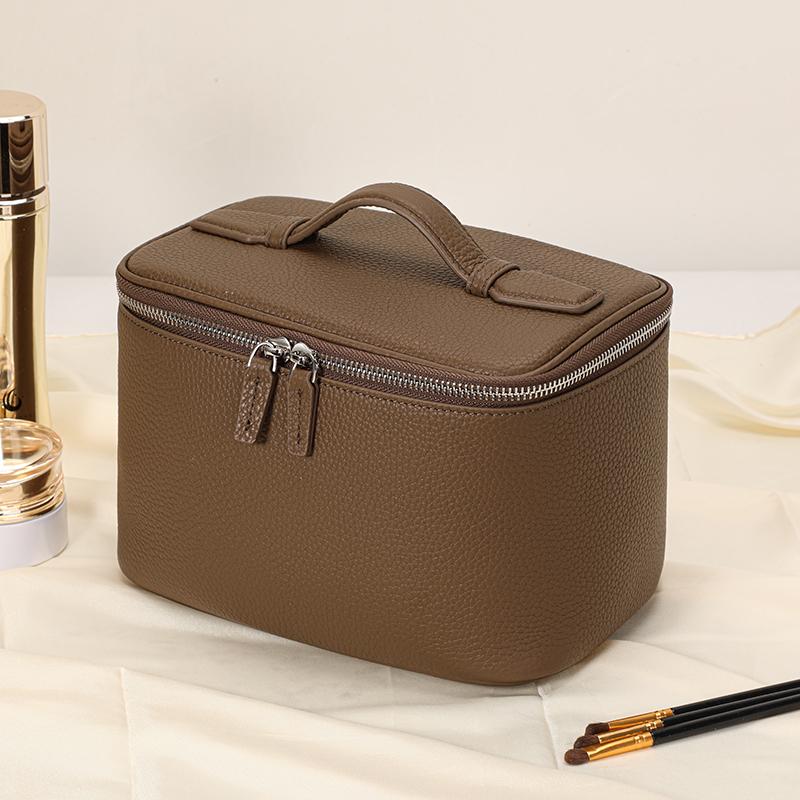 Lychee Leather Handheld Cosmetic Box with Detachable Mirror Double Zipper Travel Makeup Bag for Women