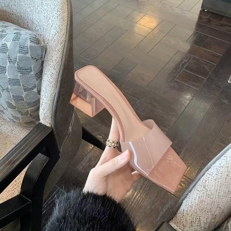 French crystal thick heel square head with slippers for women to wear in the summer of 2024, new high-heeled transparent sandals for women
