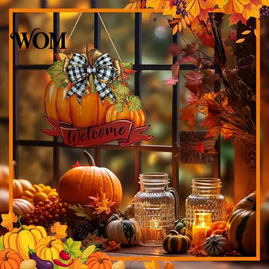 Pumpkin Lanyard Hanger Fall Welcome Sign, Thanksgiving Door Hanger, Wooden Decor Weather-resistant Sign Hanging Porch for Autumn Harvest Farmhouse