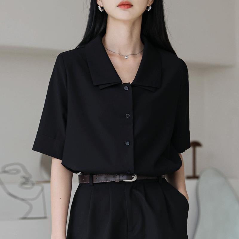 Retro Lapel Black Shirt Women's Short-sleeved Top Summer New French Temperament Thin Shirt Design Niche