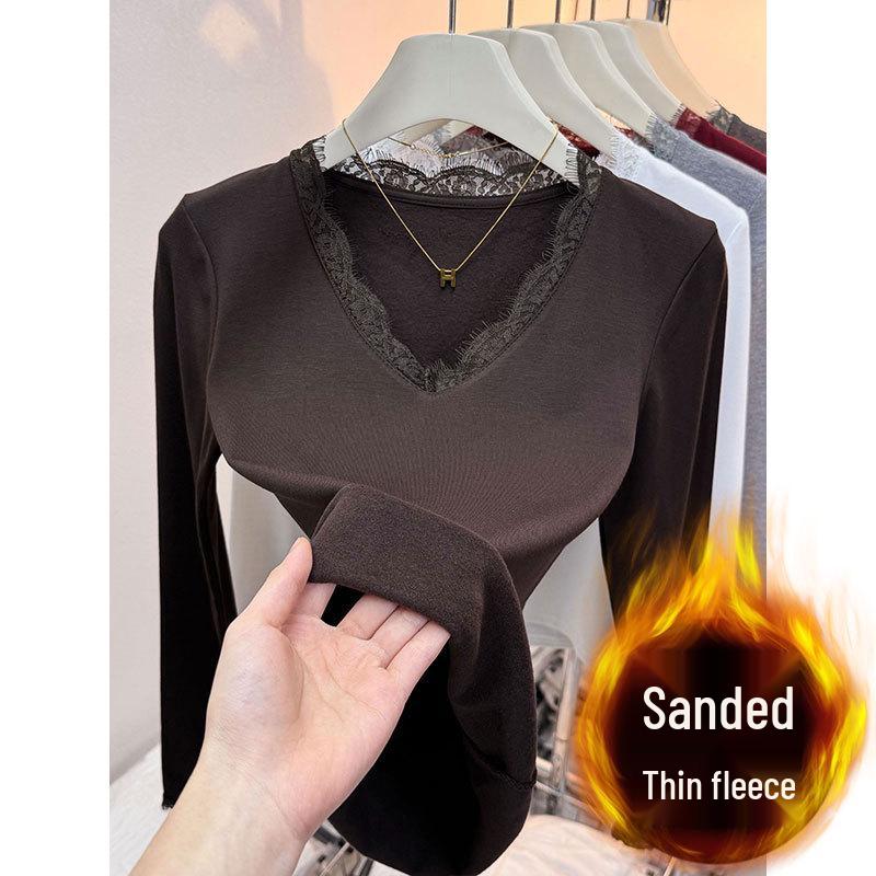 

Elegant Charcoal Black V-neck Lace T-shirt for Women - Stylish, Versatile, Slim-fitting Base Layer for 2025 L (Recommended 105-120 kg)