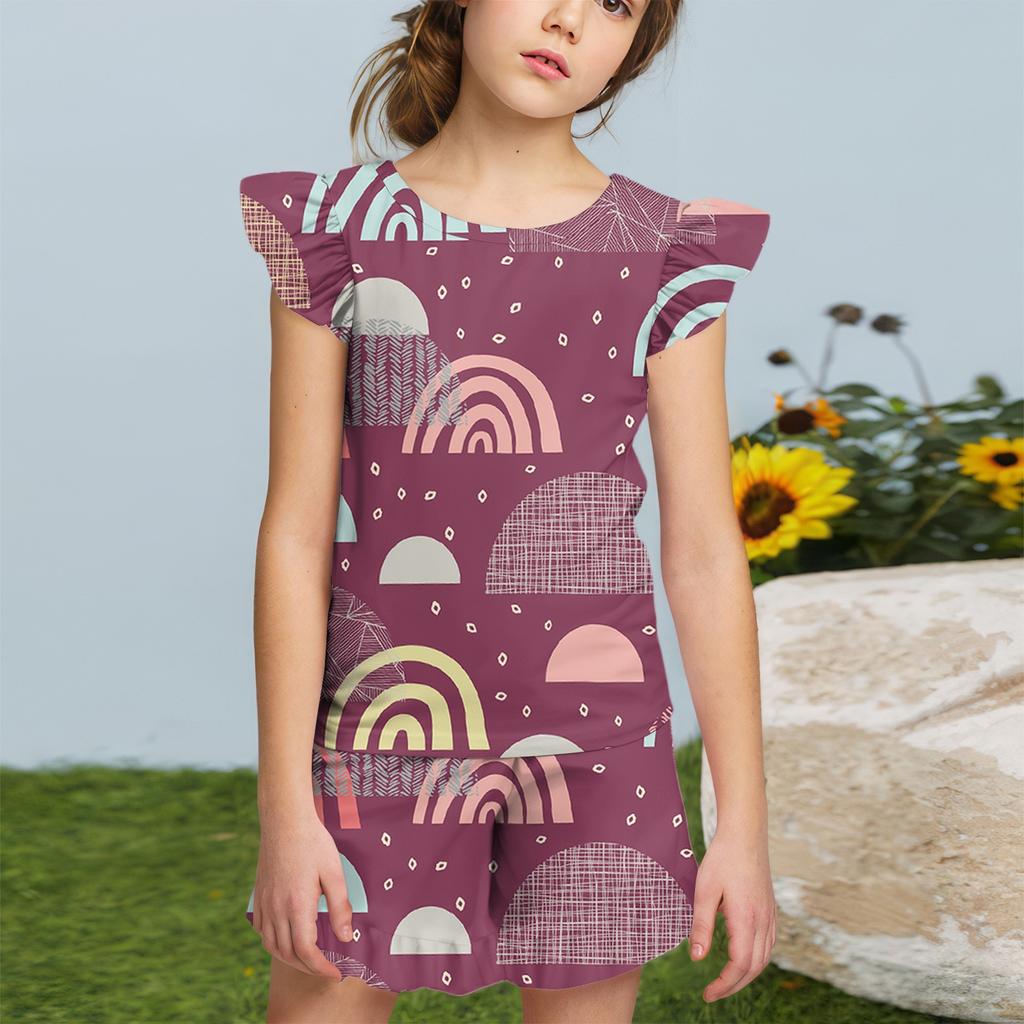Summer Girls Cute Suit Flying Sleeves T-shirt Top + Ruffled Shorts Daily Outdoor Wear Cute Casual Fashion 2-Piece Set