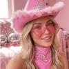 Fluffy Trim Bandana Heart-Shaped Glasses Pink Halloween Costume Accessories Set Cowboy Hat  Women