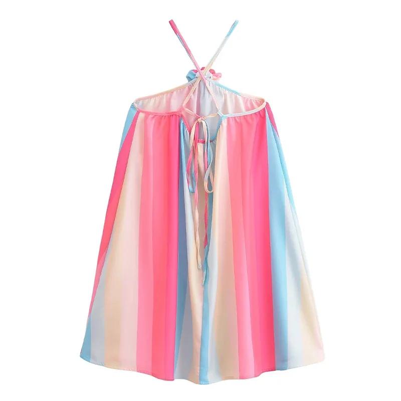 Цветное полосатое платье-халтер для женщин с 3D-цветком — фото 8