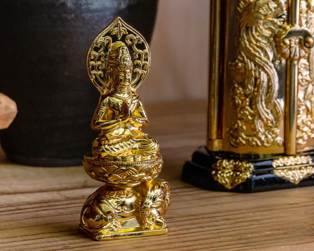 Petite statue bouddhiste dorée par Keishu Divinité protectrice du zodiaque chinois pour les années du Dragon et Bosatsu en Bronze de Takaoka 7,4 cm (Plaqué 24 carats)