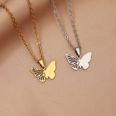 New Stainless Steel Engraved Butterfly Pendant Necklace