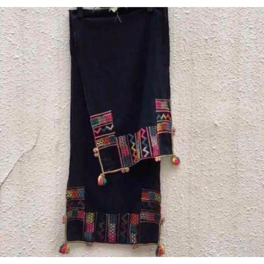 Used Black Hmong handmade indigo-dyed & embroidered motif stole (ethnic clothing)
