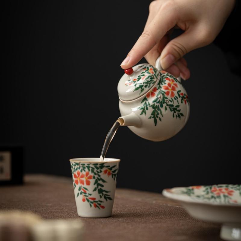 Hand Drawn Beautiful Flower Teapot Tea Maker Tea Kettle Tea Ceremony Lady Tea Set Kungfu Tea Set Ball Hole Filtration Single Pot