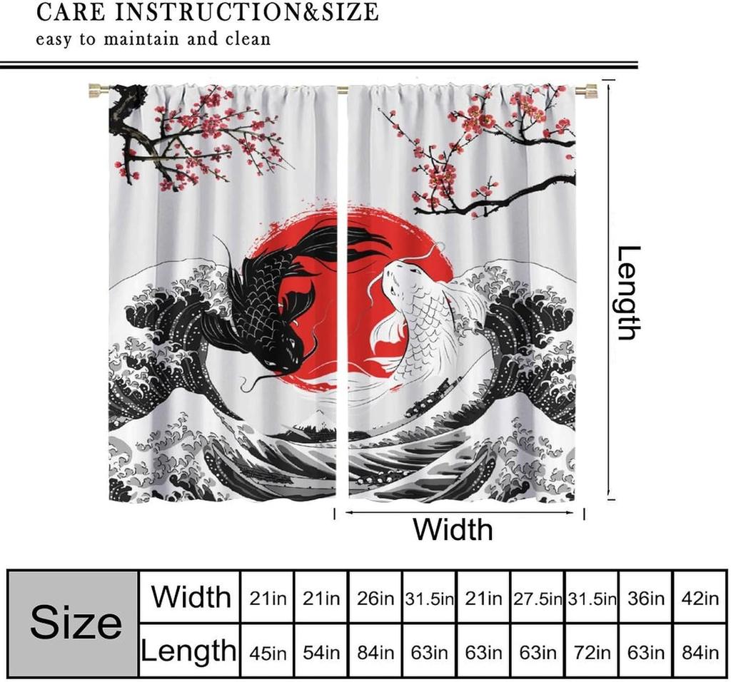 Koi Fish Curtains Japanese Black and White Fish Great Wave Cherry Blossom Pattern Rod Pocket Decor Drapes for Bedroom Living