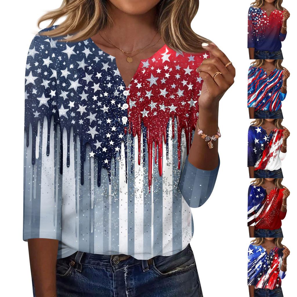 Women's T Shirt Independence Day Print Button 3/4 Sleeve Daily Weekend Fashion Basic V- Neck Regular Top