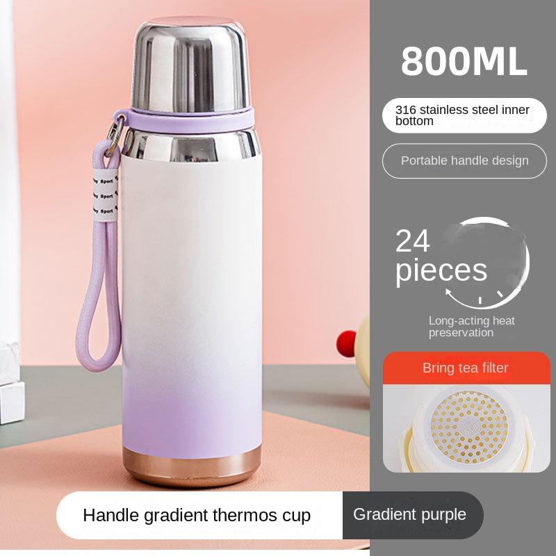 Ein-Tassen-Doppeldeckel-Vakuumbecher 316 Edelstahl Studenten-Wasserbecher Geräumig Tragbar Seilschlaufe Mädchen Gutaussehend Farbverlauf