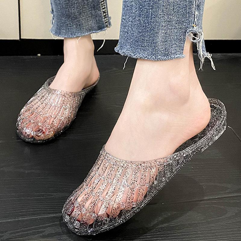 

Baotou transparent crystal slippers women s summer soft-soled casual sandals indoor home home home non-slip and deodorant portable hole shoes 41 yards, one size smaller