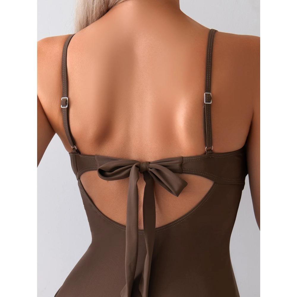 Vintage Coffee Swimwear Women Pearls Strap Hollow Out Metal Diamond Tummy Control One Piece Swimsuit Beach Bathing Suits