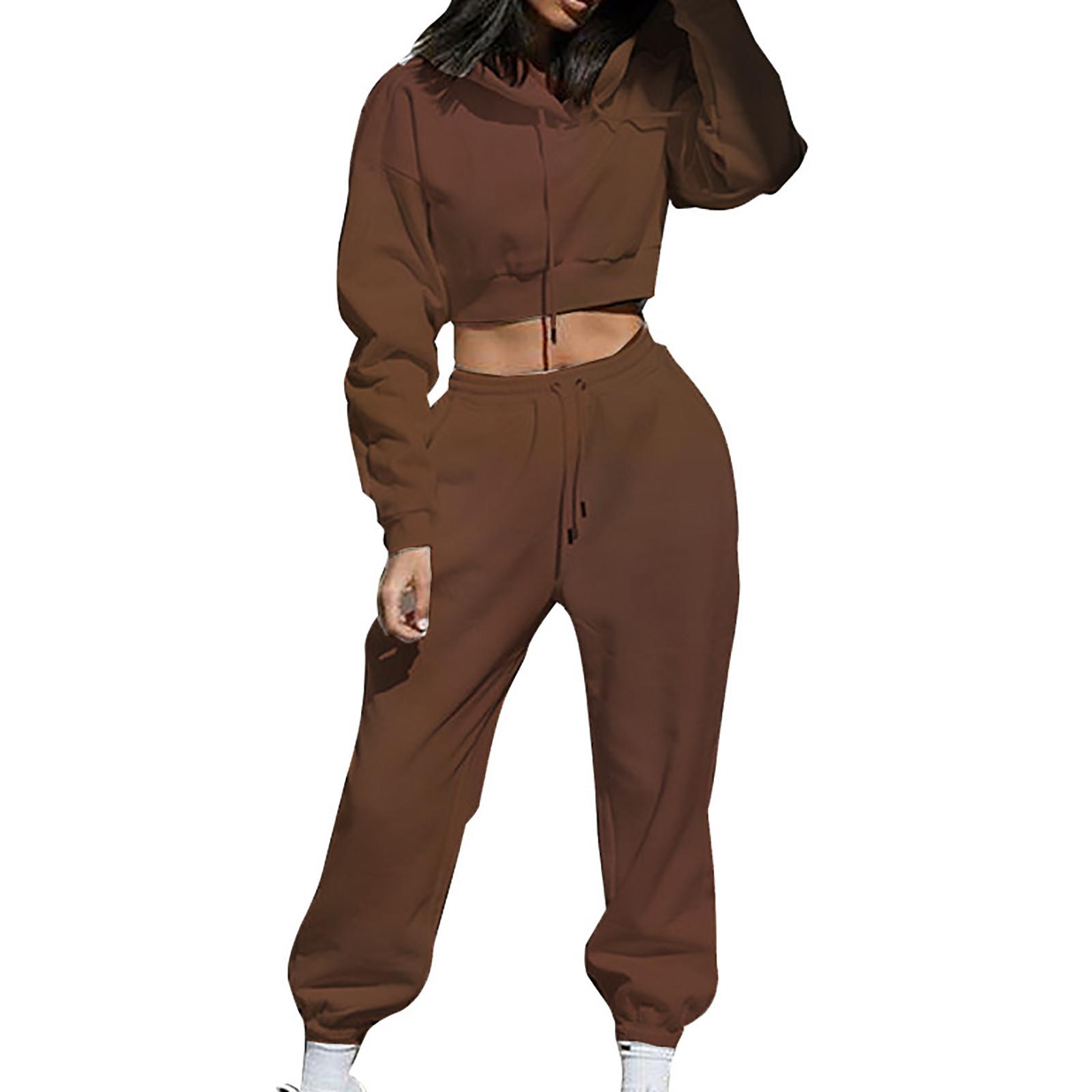 

Женская мода, однотонный свободный флисовый свитшот с капюшоном, брючный костюм с длинными рукавами L кофейный