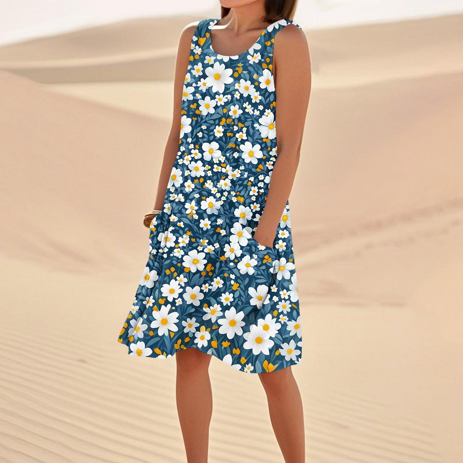 

Платья с принтом для женщин, свободные, пляжные, повседневные, без рукавов, сарафаны с карманами, платье-майка S синий