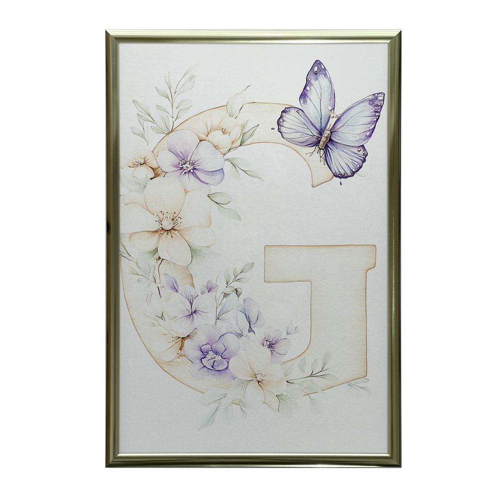 Floral Letter G With Butterfly Poster Floral Letter G With Butterfly Poster, 40X50 Cm, Gold Aluminum Frame, 230 Gsm Matte Paper