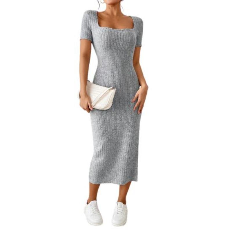 Women Summer Dress Square Neck Split Hem Knitted Elastic Skinny Solid Color Mid-calf Length Short Sleeves Lady Party Commute Midi Dress