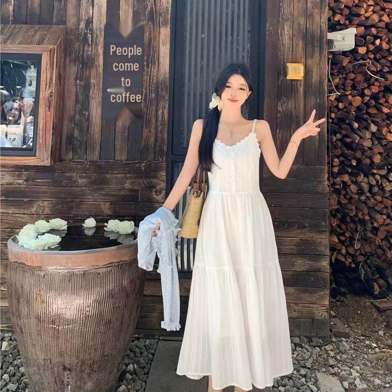 2026 French Summer White Dress & Spaghetti Strap with Knit Sun Protection Cardigan Set