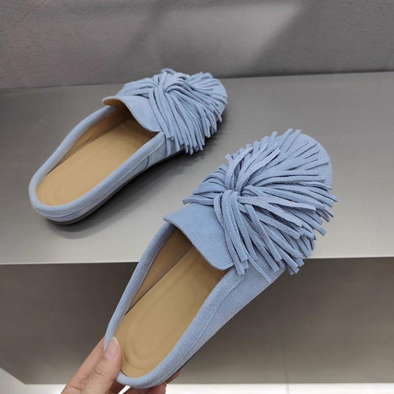 

Модные тапочки AIYUQI для женщин из натуральной кожи 2025 новые плоские с кисточками туфли с закрытым носком женские большого размера слипоны женские мюли 39 синий