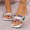 Fashion Women's Fashion Flat Slippers Summer New Square Head Shallow Mouth Diamond Buckle Soft Sole Anti-slip Wear-resistant Sandals