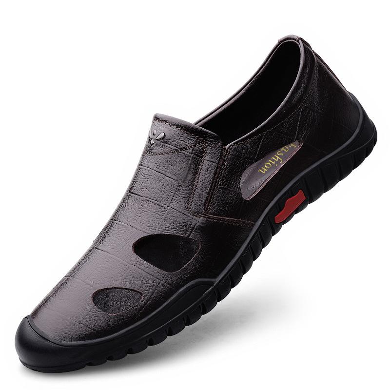 Men's Black Genuine Leather Breathable Slip-On Loafers