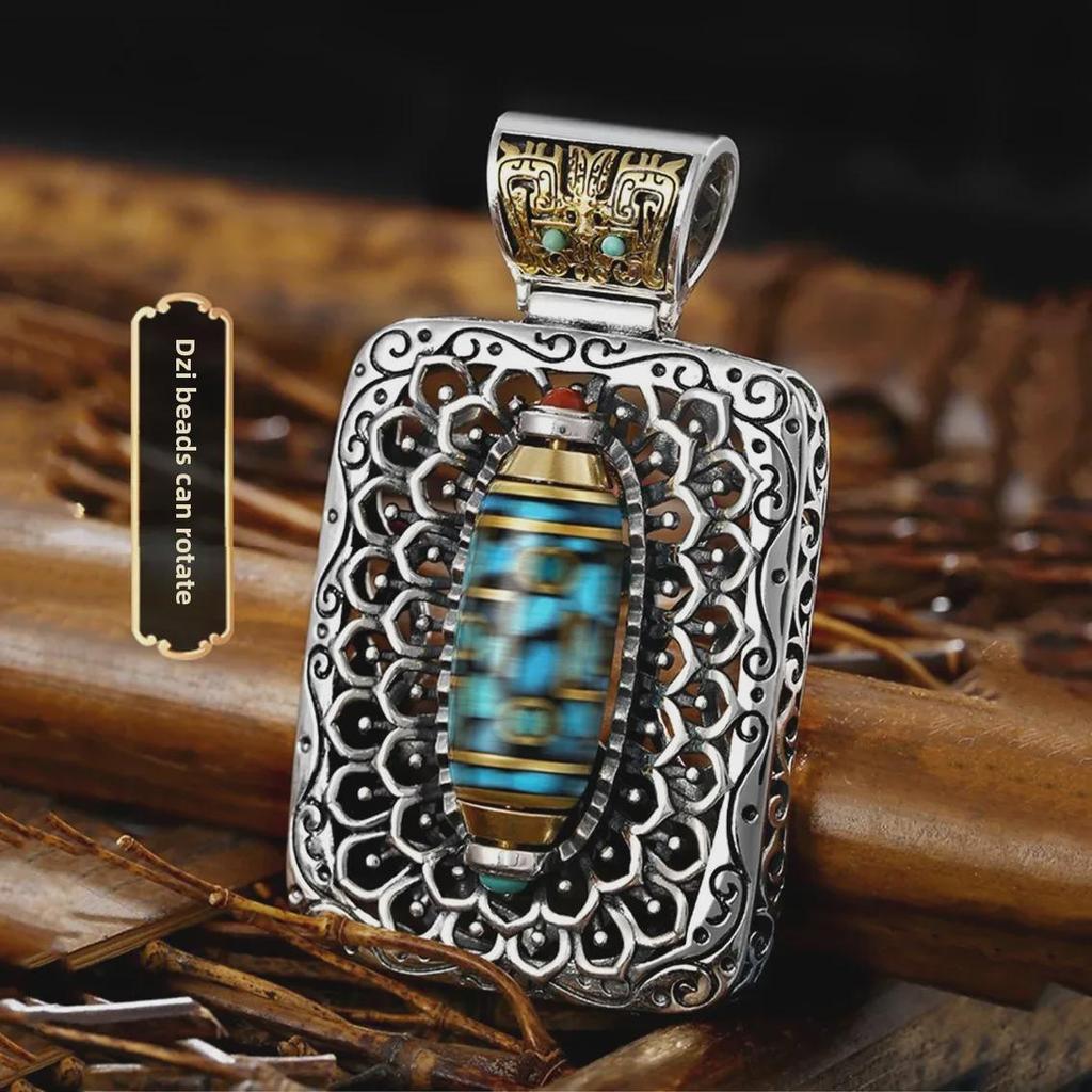 Men's Tibetan Turquoise Dzi Necklace with Taotie Pendant - Retro Style