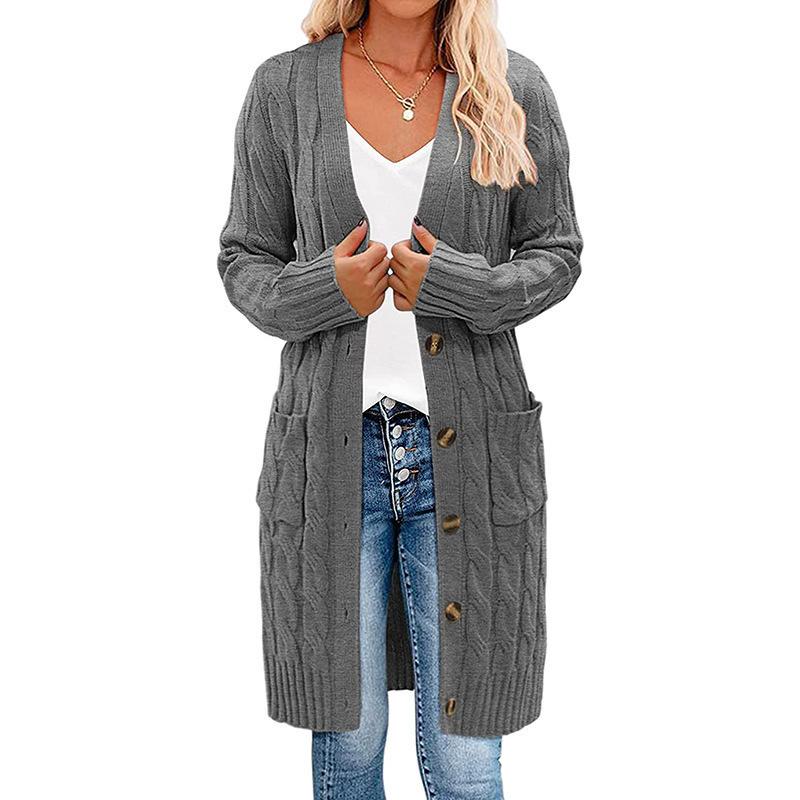 Autumn and winter new knitted long twist sweater women's solid color button-in-bag cardigan jacket