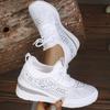 Women Rhinestone Fly‑Knit Mesh Shoes, Breathable Thick‑Sole Lace‑Up Casual Sneakers for Spring Summer