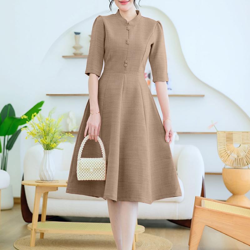 

ZANZEA Women Stand Neck Casual Short Sleeve A-Line Dress M хакі