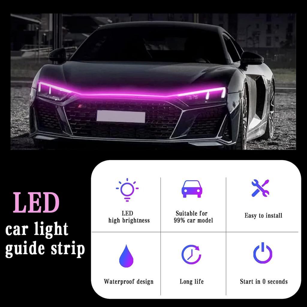 1 PC Car Hood LED Strip Lights, 59In Long 12V Led Vibe Light, Waterproof Safe Light Guide Strip with Tape, Universal for Car Truck SUV Interior &