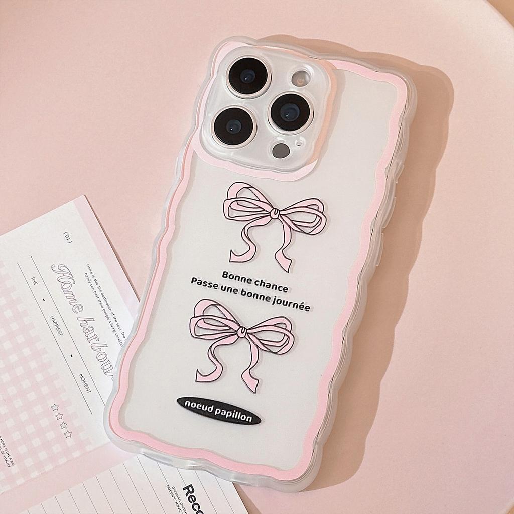 Pink Bow Suitable for IPhone16promax Apple 13 Mobile Phone Case 11 Transparent 15 Korean