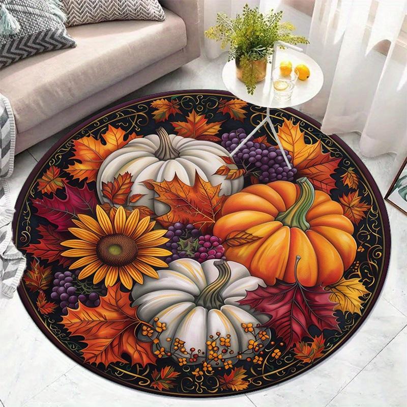Autumn Harvest Pumpkin Sunflower Round Rug Fall Seasonal Decor Thanksgiving Home Floor Mat Nature Inspired Design