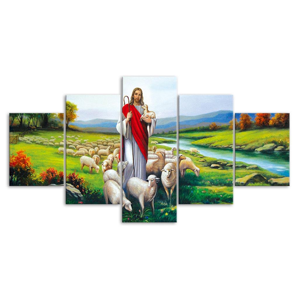 Jesus Christ Sheep Flock River 5 Piece Five Panel Wall Canvas Print Modern Art Poster Picture Home Decor Gift For Him For Her
