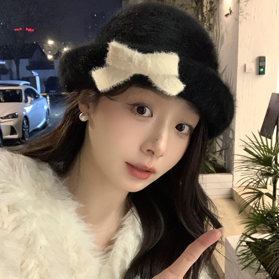 Bow Fisherman Hat Women's Winter Curled Plush Gift Hat Hepburn Style Big Head Circumference Small Basin Hat