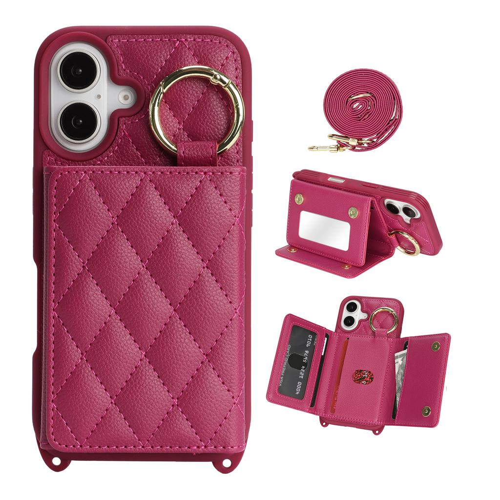 For iPhone 16 Case with Lanyard/Mirror/Card Holder Grids Pattern RFID Blocking Phone Cover