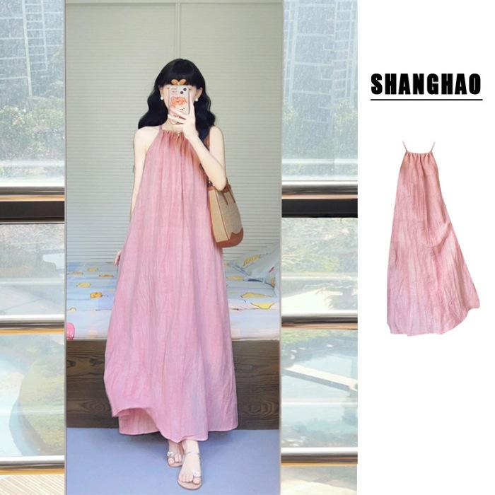 Smudge neck suspender dress women s summer slimming big swing skirt pleated sleeveless seaside vacation shaved shoulder long skirt S розовый