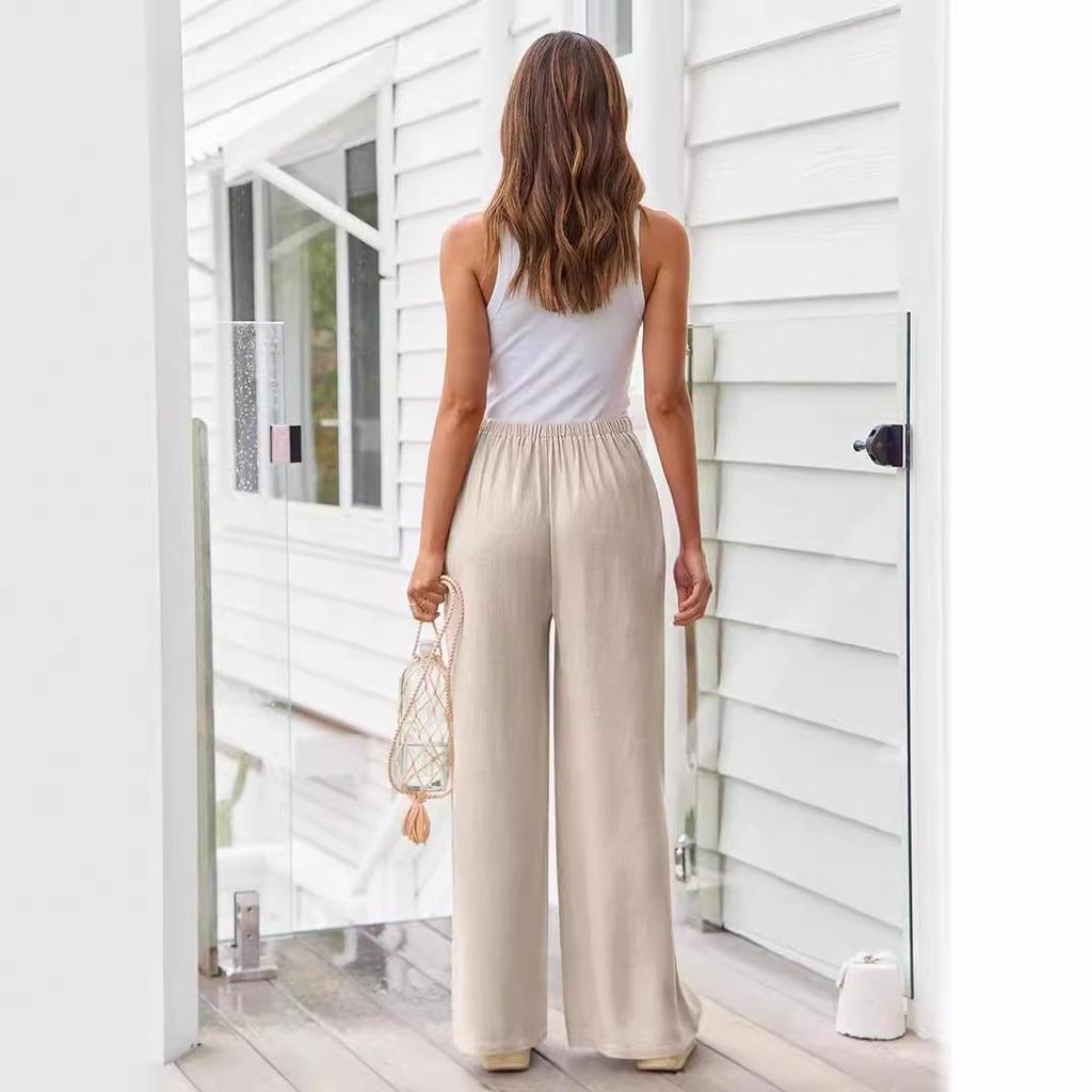 2024 Women's Linen Wide-Leg Drawstring Beach Pants with Pockets - European and American Style