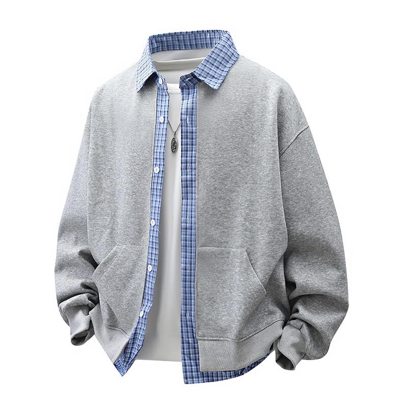 Men's Faux Two-Piece Plaid Patchwork Sweatshirt Jacket