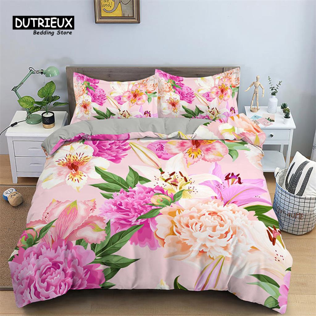 Romantic Flower Duvet Cover Rose Floral Bedding Set Microfiber Comforter Cover King For Girl Women Wedding Valentine's Day Decor