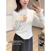Women's Ribbed Velvet Patchwork Base Layer: Autumn/Winter Long Sleeve T-Shirt with Half-High Neck, 270g.