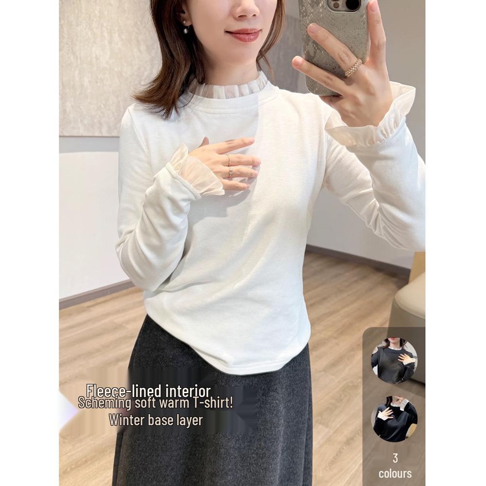 Women's Ribbed Velvet Patchwork Base Layer: Autumn/Winter Long Sleeve T-Shirt with Half-High Neck, 270g.