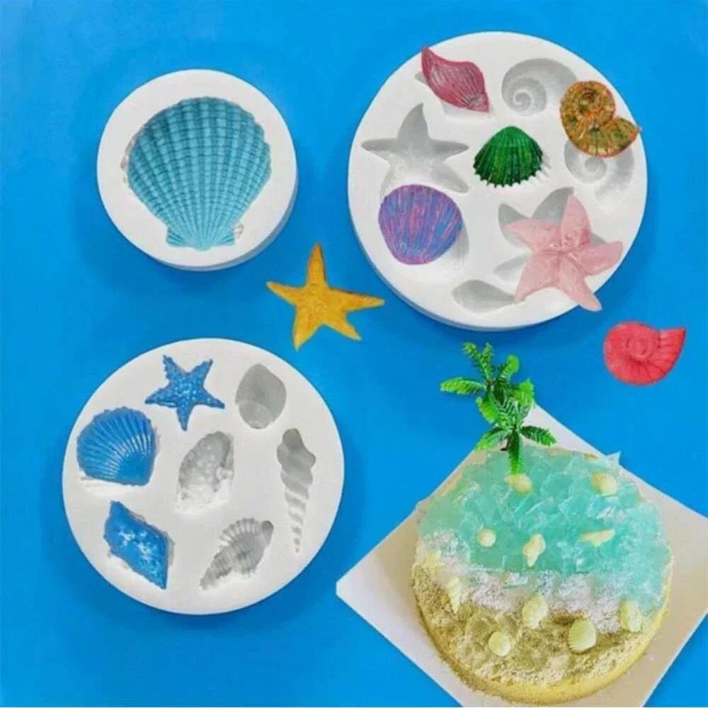 1 ks 3D silikonová forma na fondant s oceánskou tématikou pro DIY zdobení dortů, mušle, hvězdice, korál, formička na pečení cupcakes, sada nástrojů na pečení čokolády