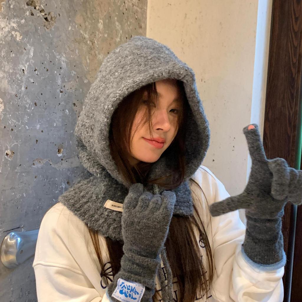 Korean Balaclava hat and scarf integrated women's autumn and winter warm ear protection hooded scarf knitted wool hat